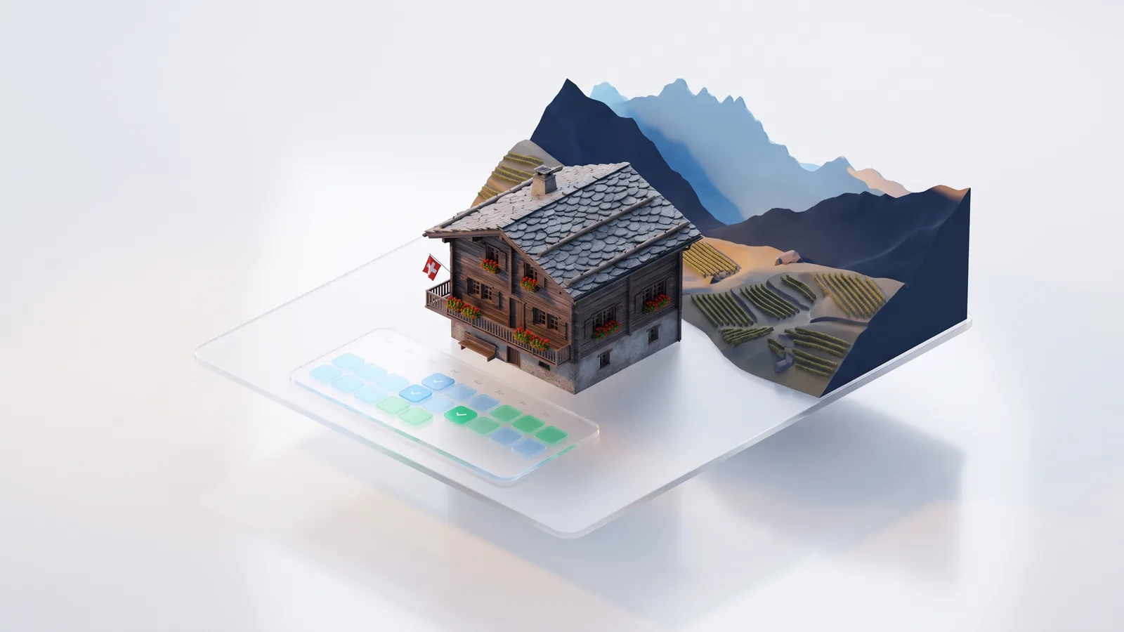 Chalet valaisan miniature posé sur un calendrier de réservation, vignes en terrasses et Dents du Midi en arrière-plan